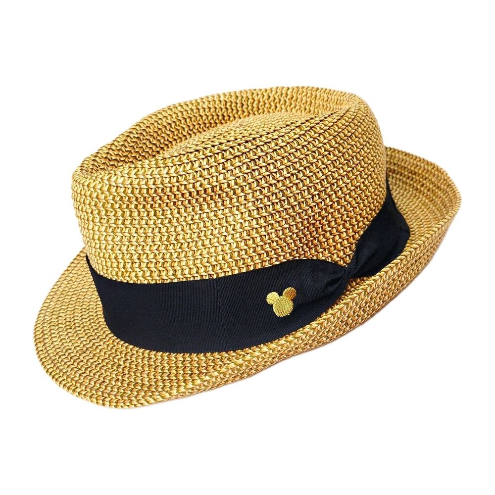 Disney Parks Mickey Mouse Adult 57cm Straw Fedora Hat Beige Black Band Gold Icon
